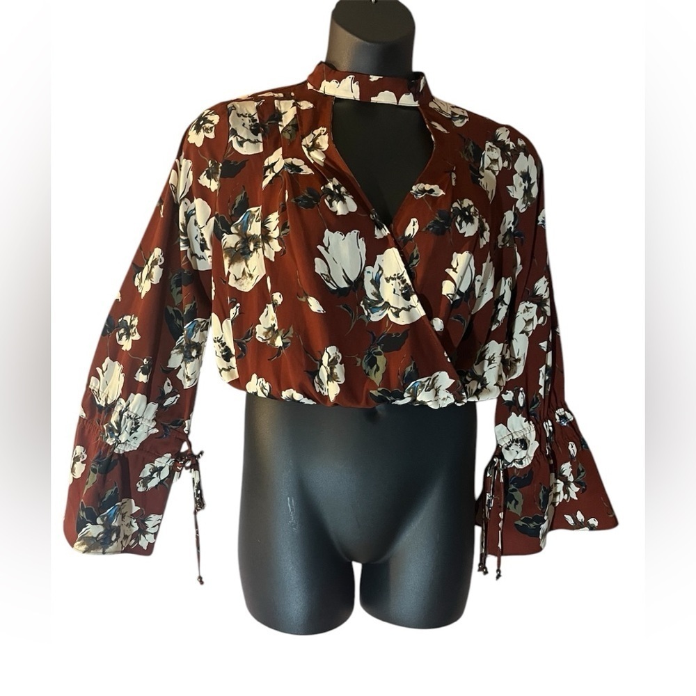 Al’tard State Floral faux Wrap coquette Top‎ blouse Brown and White Size Medium